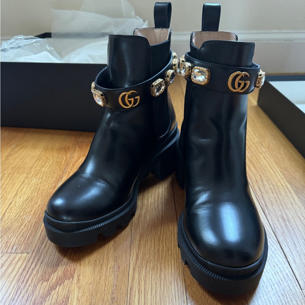 Gucci Black Leather Ankle Boots with Gold GG and Crystal Embellishments